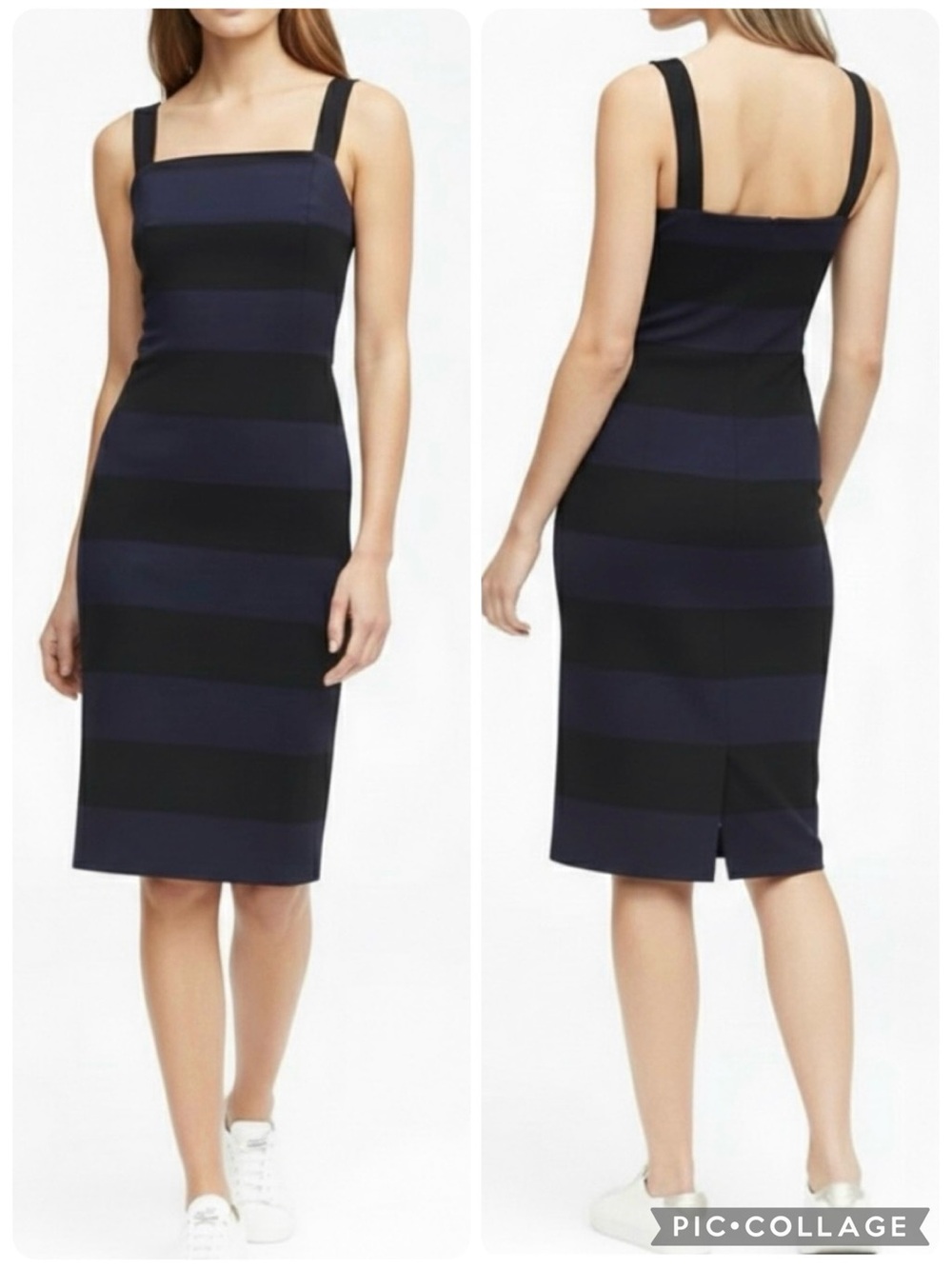 Banana Republic Blue Black Striped Midi Sheath Stretch Knit Dress NWT 8 Classic